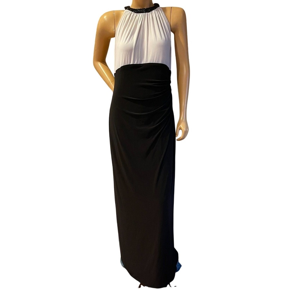 Lauren Ralph Lauren Black White Evening Gown 14 Beaded Halter Ruched Slit Dress